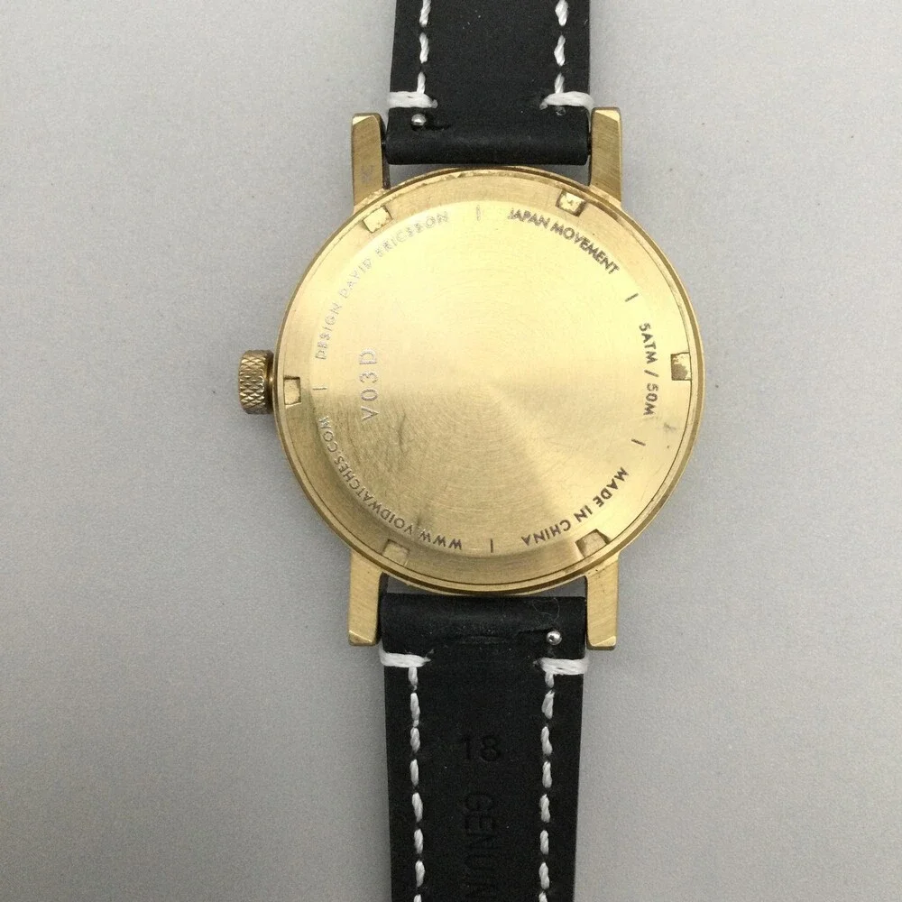 VOID Mens Watch 38mm Black Dial Gold Tone Leather Date V03B New Battery